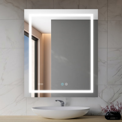 Sherrie l 30 po x H 36 po x P 1 po, miroir mural pour salle de bain avec éclairage 3 couleurs, commande tactile, gradateur et désembueur, horloge numérique.