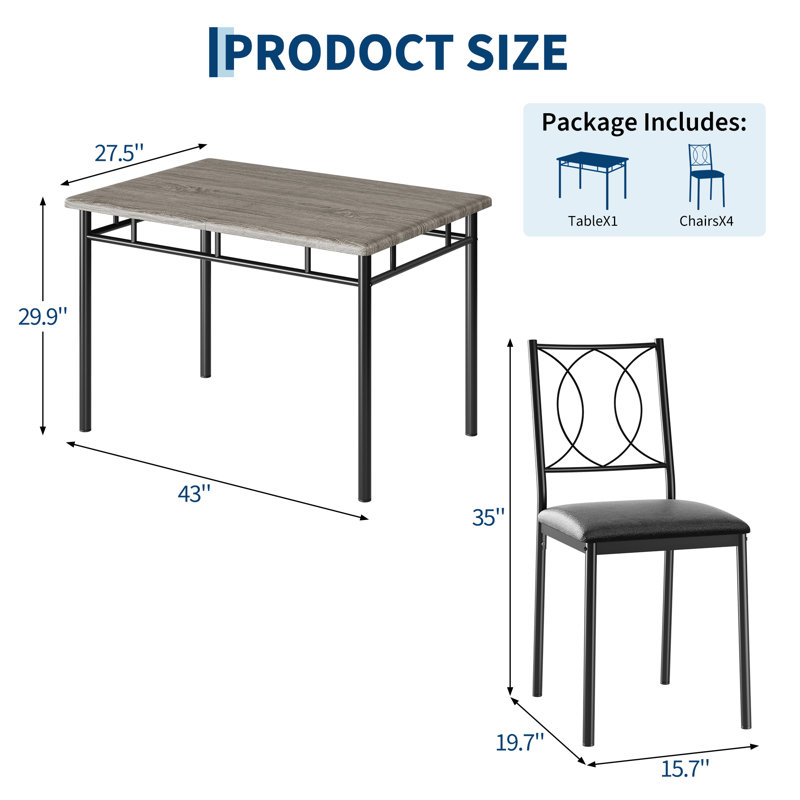 Ensemble de table de salle à manger 5 pièces pour 4 personnes, Gray / Black, Gray