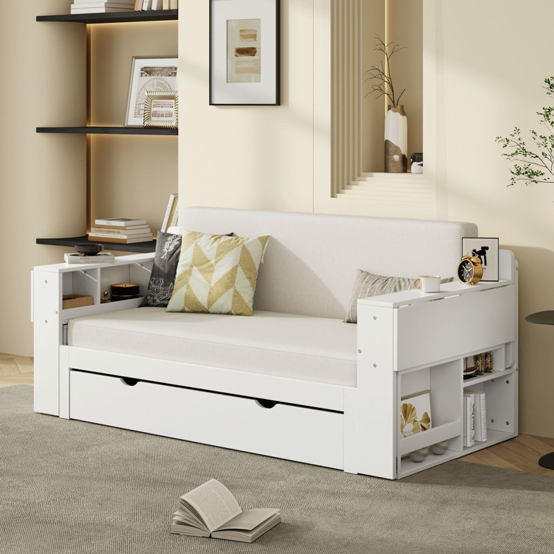 Daybed With Removable Desk, Storage Drawers & Hydraulic Side Table, Full, White