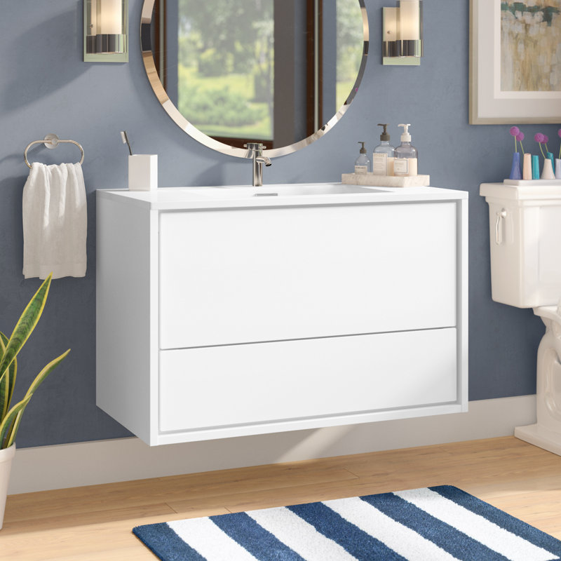 Ensemble de meuble-lavabo mural simple 36 po Trieu, Blanc lustré