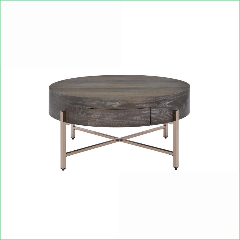 Table basse tambour clair brun avec base en métal champagne - plateau en bois Rangement à 1 tiroir pour le salon