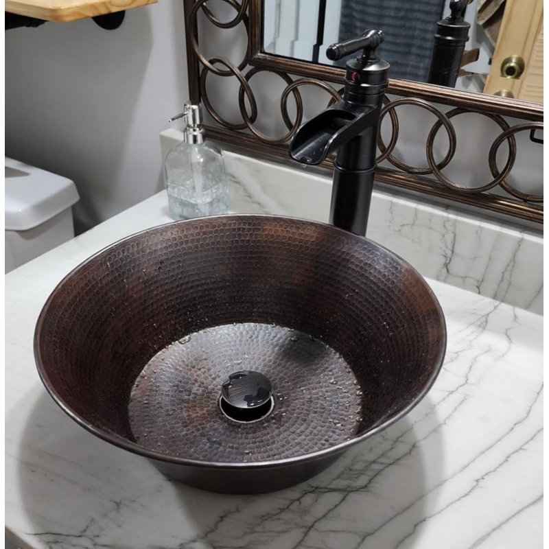 15" Round Copper Vessel Bathroom Sink Cazo with Pop-Up Drain