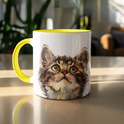 Cat Design 11oz Accent Mug – White Ceramic Coffee Cup with Colored Handle and Interior
