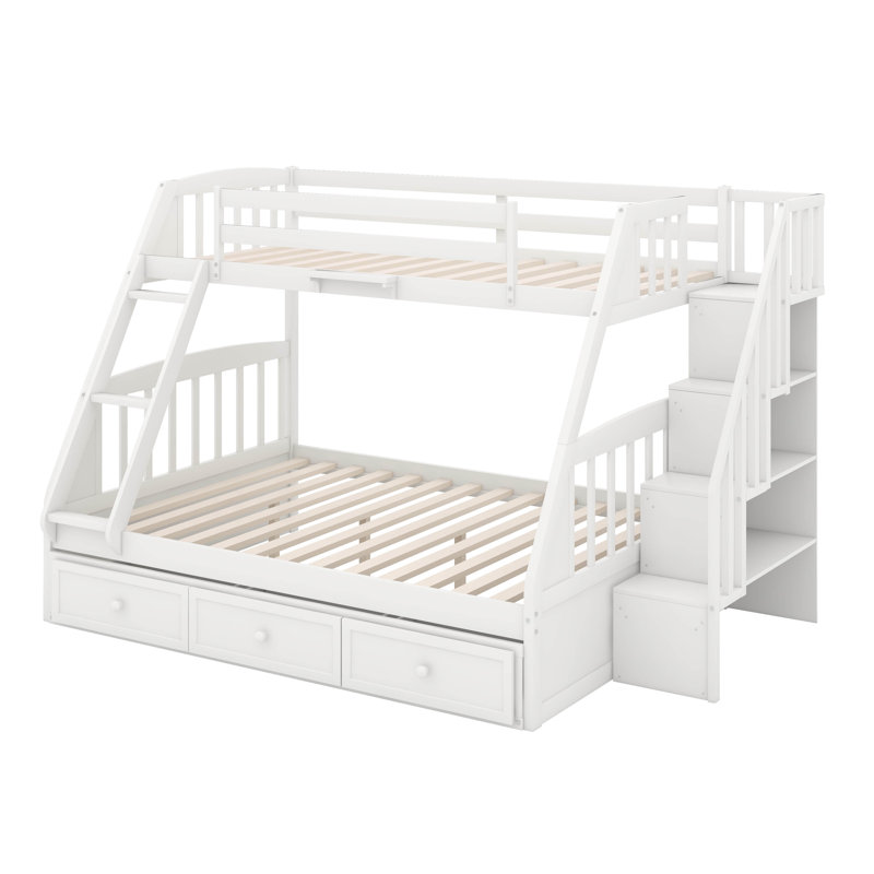 Twin Over Full Bunk Bed With Drawers And Storage Staircase, White