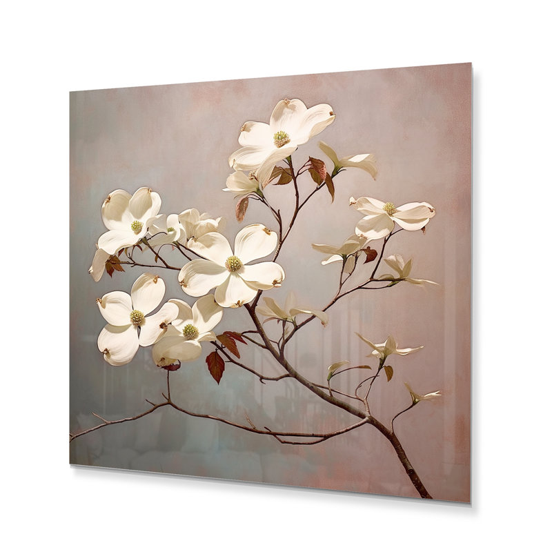 Blanc et gris Dogwood Elegance I - impression sans cadre sur métal, H 23 po x l 23 po x P 1 po