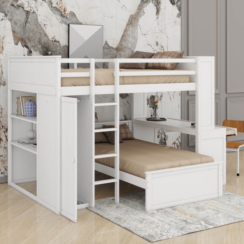 Lit mezzanine double avec lit simple, armoire, bureau et tablettes, Blanc
