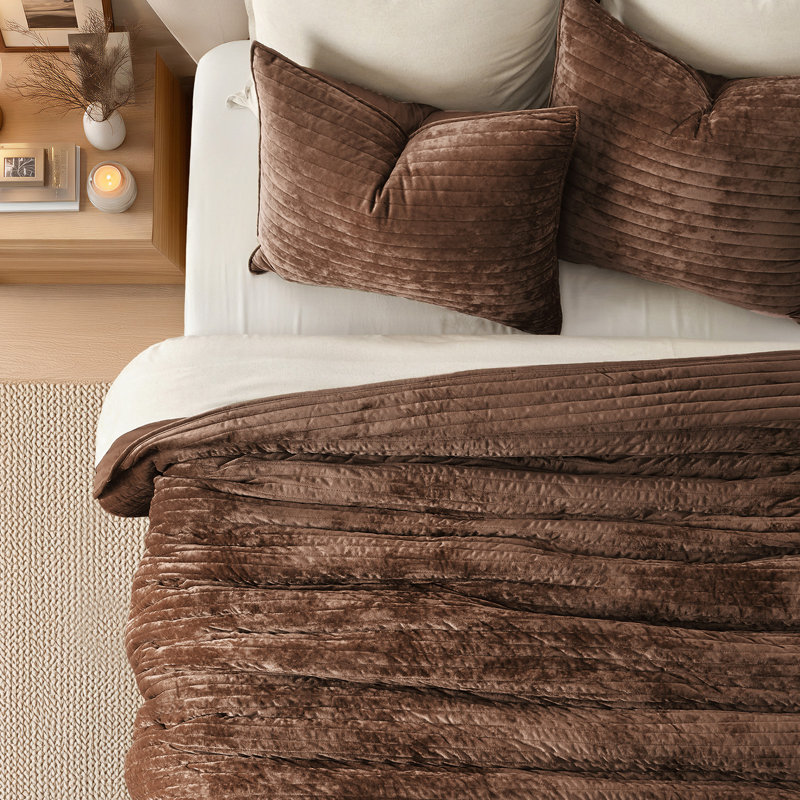 Luxe Velvet Channel Quilt Set, California King, Rust Brown