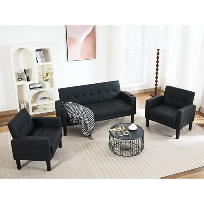 Ensemble de salon noir capitonné en similicuir avec ports USB (3 pièces)