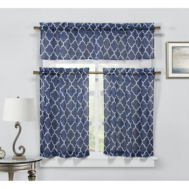 Koury Floral Tailored Kitchen Curtain, Navy