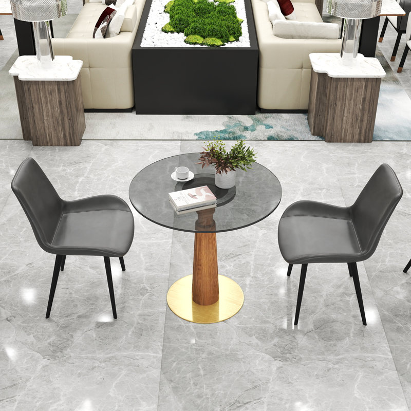 Ensemble de 3 tables de conférence rondes modernes en verre avec 2 chaises en cuir, Gris