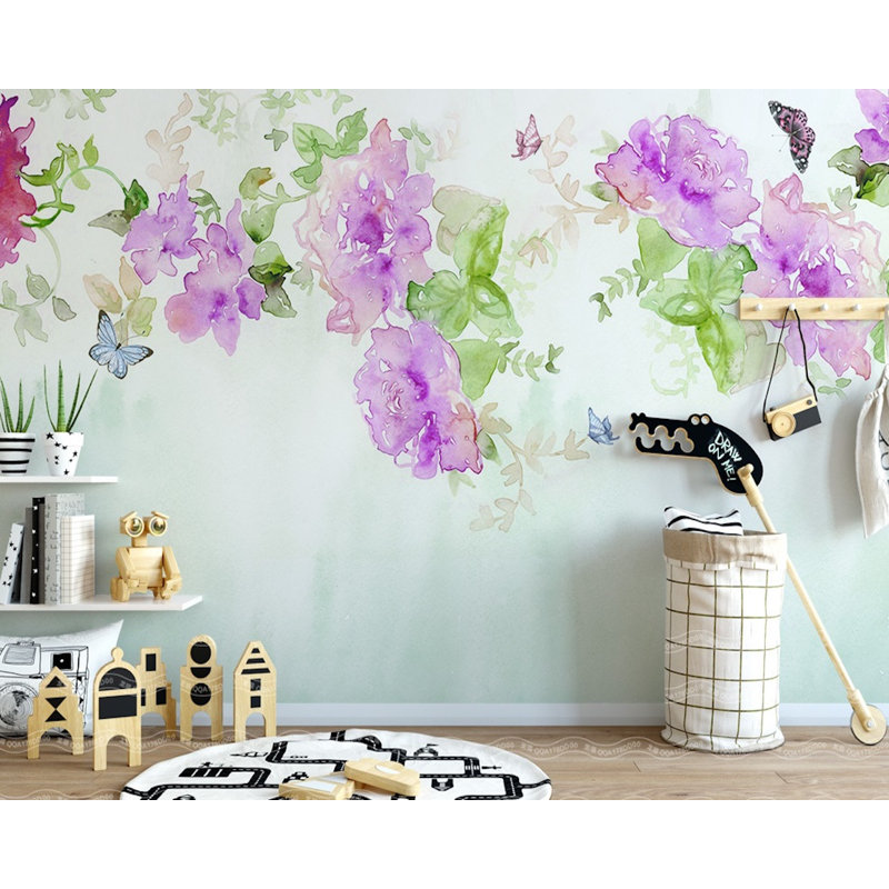 Papier peint aquarelle fleur de pivoine mauve, L 35 po x l 55 po