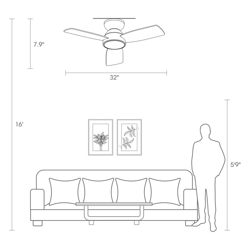 32'' Small Ceiling Fan With Light Kit & Remote, White, White