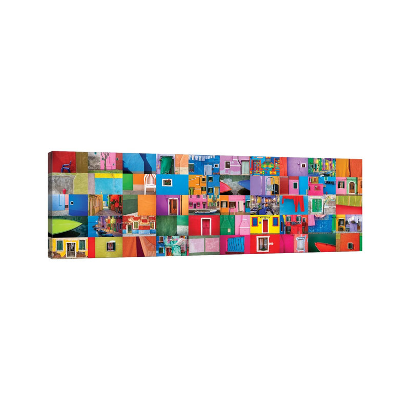 Italy, Burano. Collage of Colorful Burano Images. 1 Piece Wrapped Canvas Panoramic Wall Art, 121.92 cm H x 40.64 cm W