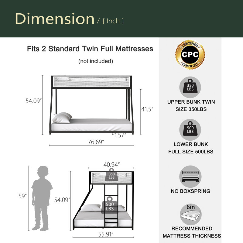 Twin Full Bunk Bed Metal Black With White Mesh Guard Rail For Kids And Adult, Low Profile And Easy Climbing With Stable Ladder
