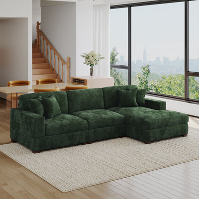 3 - Piece Upholstered Green Chenille Modular Sectional Sofa with Armrests & Throw Pillows