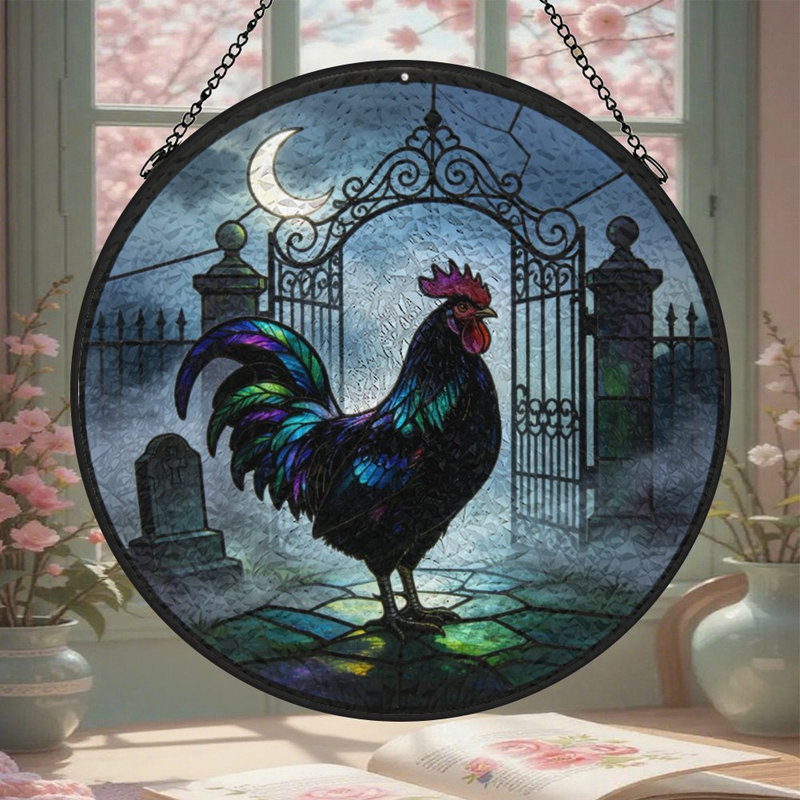 Coq coloré debout devant un cimetière éclairé par la lune, 6.3x6.3in(16x16cm)