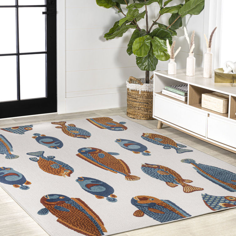 Wigand Modern Fish High-Low Navy/Orange/Cream Indoor/Outdoor Rug