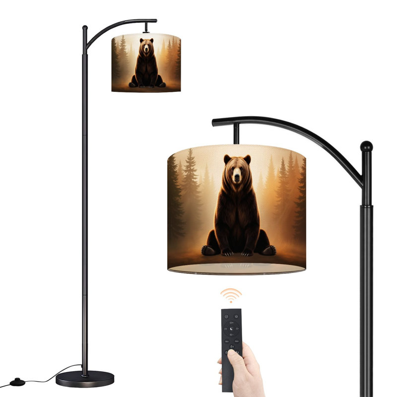 Lampe sur pied à arc avec abat-jour réglable Ours brun, forêt, ours, arbres, brume, faune, debout, lampe sur pied, 3 couleurs, température, intensité variable, grand mât avec interrupteur au pied pour la chambre à coucher