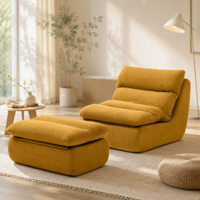 Fauteuil à billes 32 po avec repose-pieds, grande chaise longue pour adultes, canapé rembourré capitonné pour le salon, la chambre à coucher, jaune