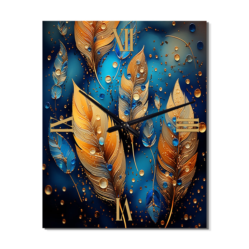 Horloge murale moderne Boho Glam Gold Feathres On Cosmic Blue - Feathers, Grand