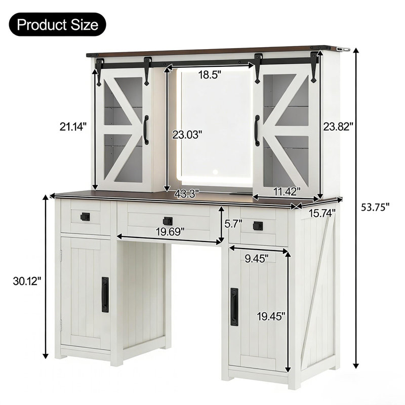 Table de coiffeuse 43,5 pouces avec miroir éclairé, avec station de charge, porte de grange coulissante, tablettes cachées, 3 tiroirs et 4 armoires, beige
