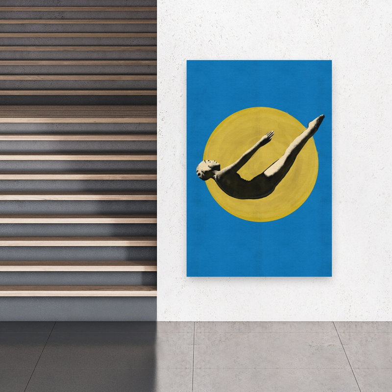 «Graceful Diver Yellow Sun», impression abstraite audacieuse de paysage d'été minimaliste, H 60 po x l 40 po