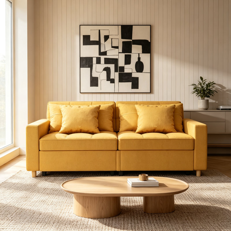 2 Seater Linen Sofa Bed, Yellow
