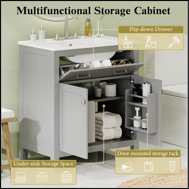 Meuble-lavabo moderne de 30 pouces avec lavabo en céramique, portes à fermeture douce et tablette réglable pour un rangement efficace