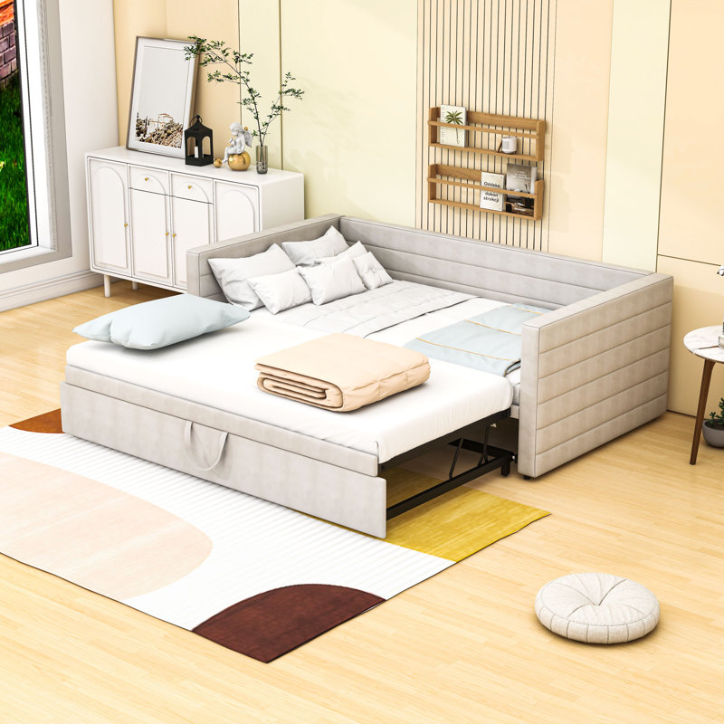 Lit de jour simple en chenille rembourré avec lit gigogne simple, Beige