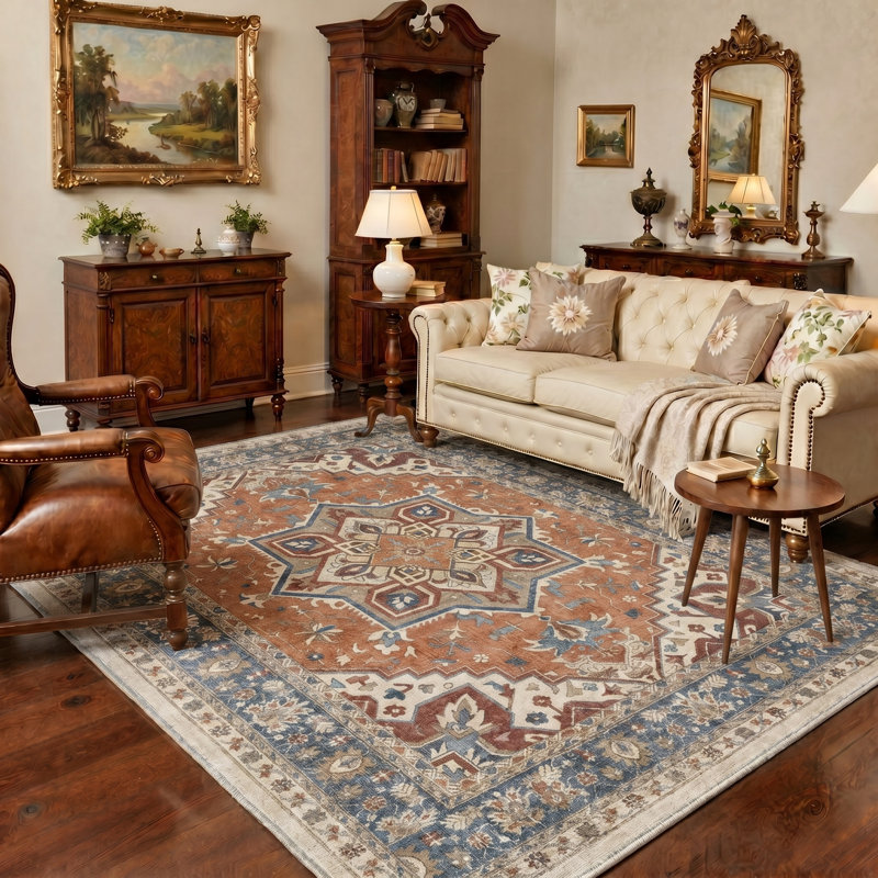 Medallia Orange / Blue Indoor Floral Area Rug,Machine Washable,with Non-Slip Backing, Round 5'