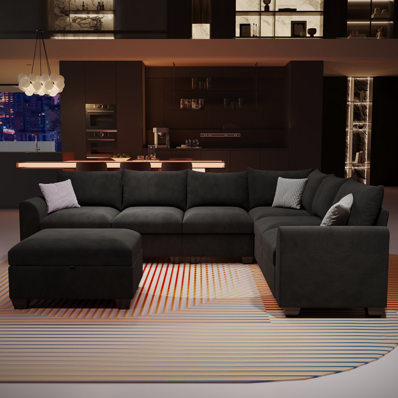 Canapé modulaire en forme de L 120 po, canapé 6 places rembourré avec rangement pour repose-pieds et port USB, Lin noir