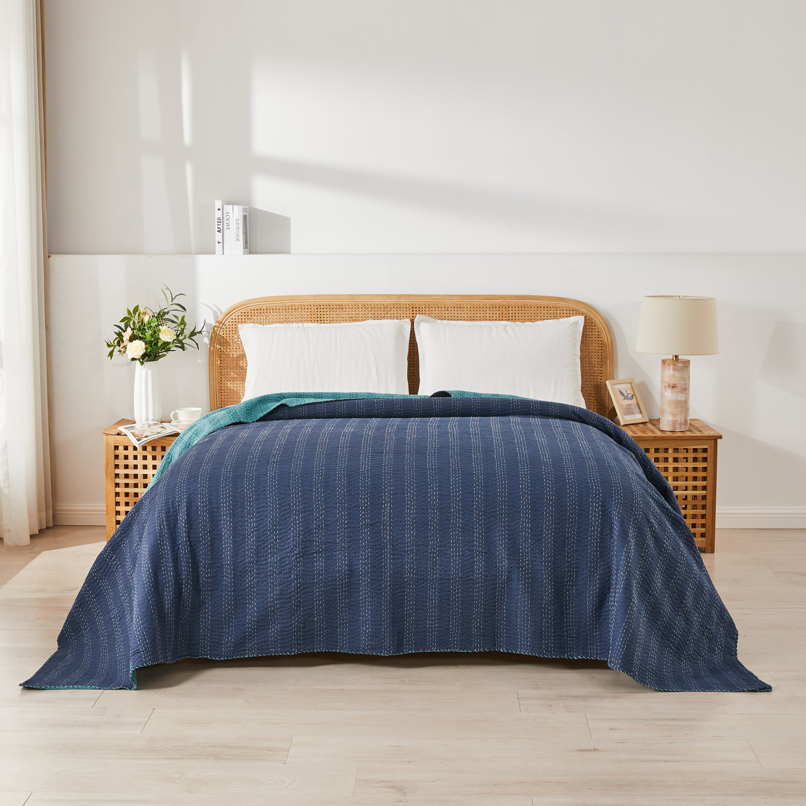Soild Kantha Cotton Coverlet Set, Queen Coverlet, Blue
