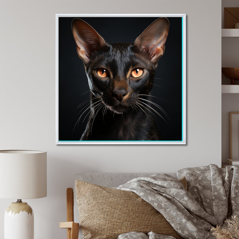 «Oriental Elegance Black Cat Portrait I», art mural sur toile, H 36 po x l 36 po, Cadre flottant blanc
