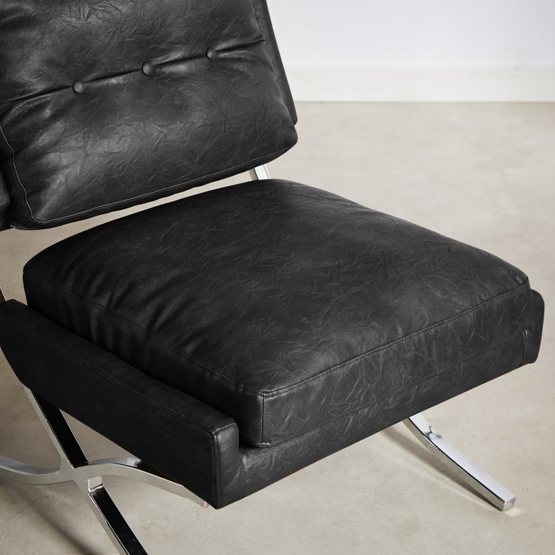 Adewunmi 26.38'' W Button Tufted Faux Leather Upholstered Armless Accent Lounge Chair (Set of 2), Black Faux Leather