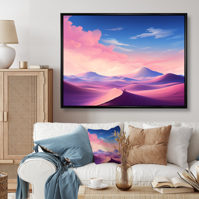 Dunes célestes roses et bleues «Desert Expedition I» - art mural désert, Cadre flottant noir, H 24 po x l 32 po x P 1 po