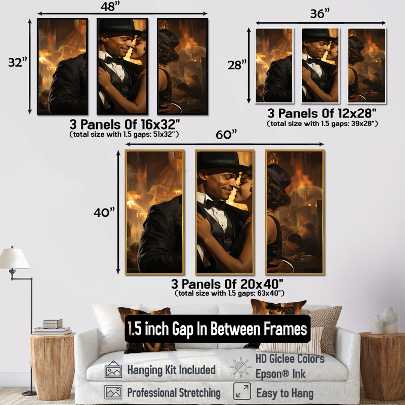 Couple afro-américain Harlem Renaissance - Art africain américain, art mural, Cadre flottant noir, H 32 po x l 48 po