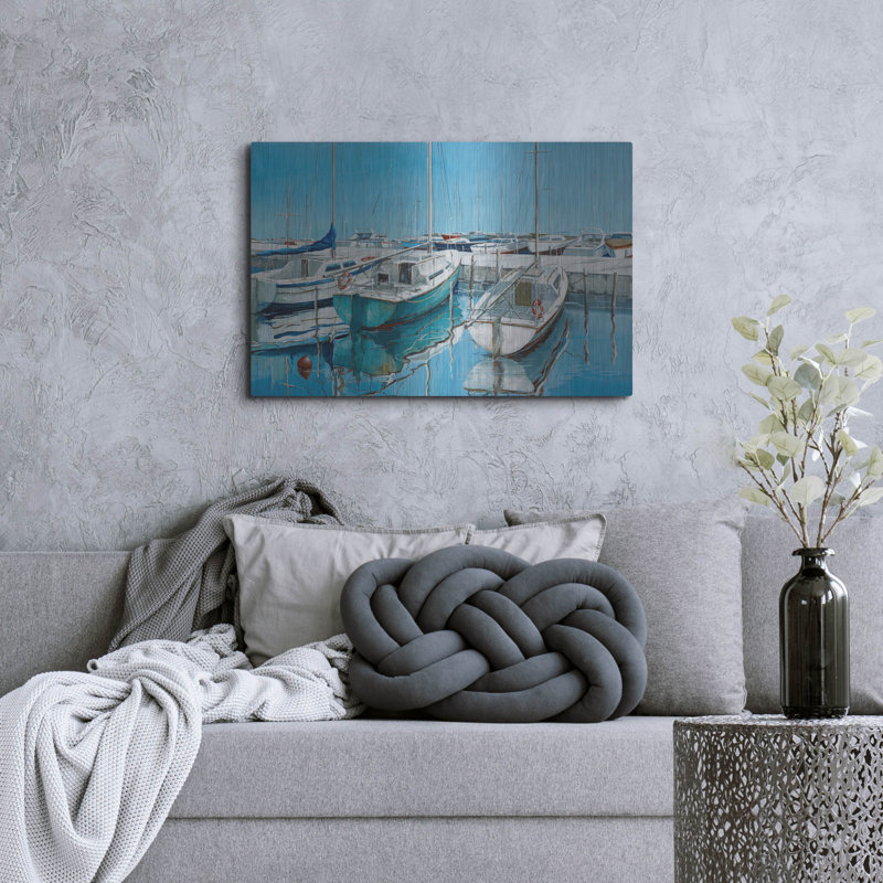Art mural en métal Breakwater Bay «Anchored Bateaux On Pier» par Max Maxx, H 24 po x l 36 po