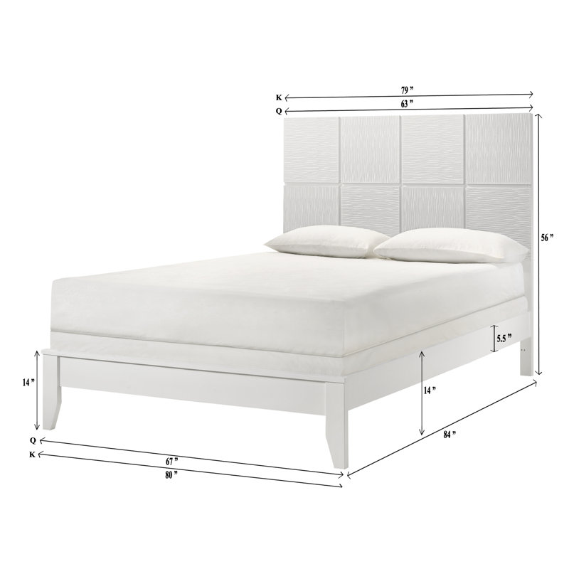Grand lit de 1 pièce au design contemporain, finition blanche, panneaux texturés, tête de lit géométrique, cadre en bois pour la chambre à coucher, sommier tapissier requis, façade à lambris, style, chambre à coucher