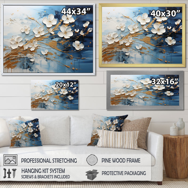 Encre liquide blanche et bleue I - Fleurs, art mural, Cadre d'angle fermé noir, H 24 po x l 32 po x P 1 po