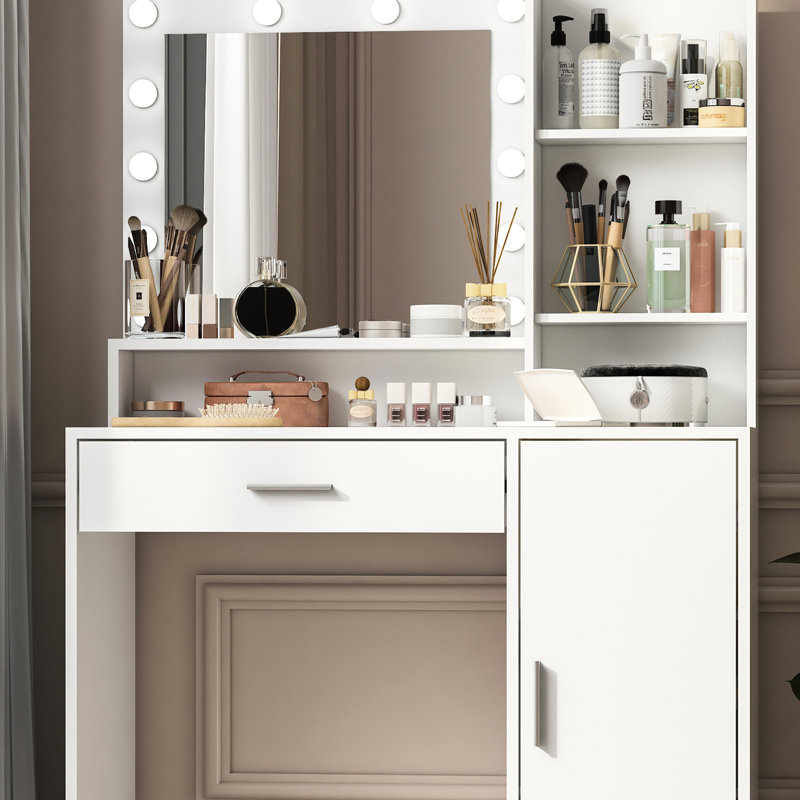 Bureau de meuble-lavabo avec 12 lumières à DEL, rangement à trois niveaux, luminosité réglable, coiffeuse de chambre blanche, fondation robuste 3 modes d'éclairage, couleur de grand tiroir, rangement spacieux