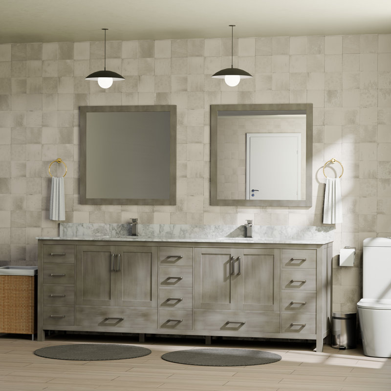 Jacques 84" Double Bathroom Vanity Set, Distressed Gray, White Carrara Marble