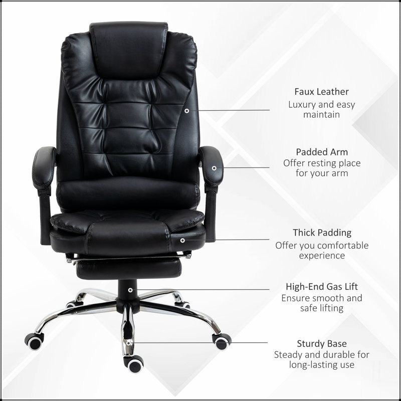Fauteuil de direction ergonomique à haut dossier, fauteuil d'ordinateur en cuir PU avec repose-pieds rétractable, soutien lombaire, appui-tête rembourré et accoudoir