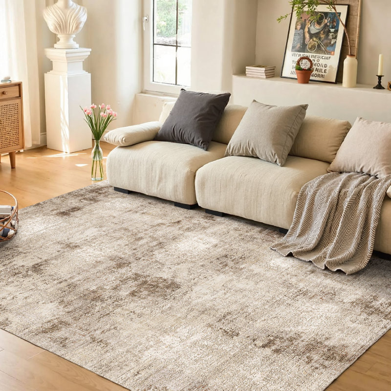 Asher Contemporary Abstract Washable Brown Area Rug with Non-Slip Backing, Rectangle 4' x 6'