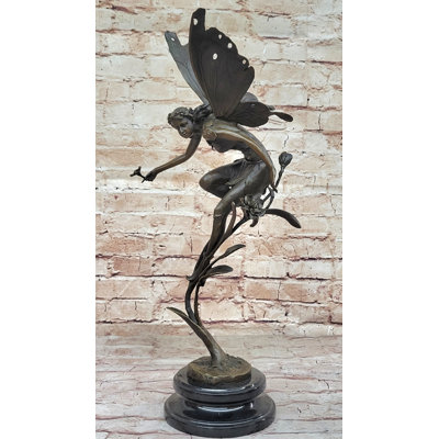 Bronze Fairy Angel Flowers Statue Sculpture Collectible Signed Original 19.5" x 7.5"