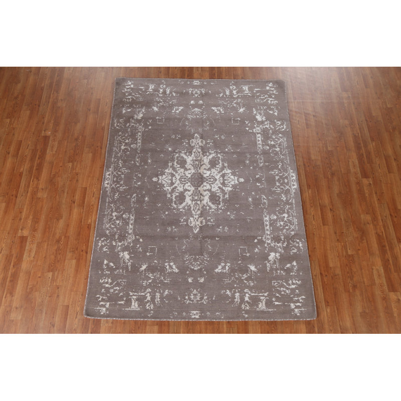 Tapis oriental unique en laine / soie à motif abstrait noué à la main 5 pi 8 po x 7 pi 9 po