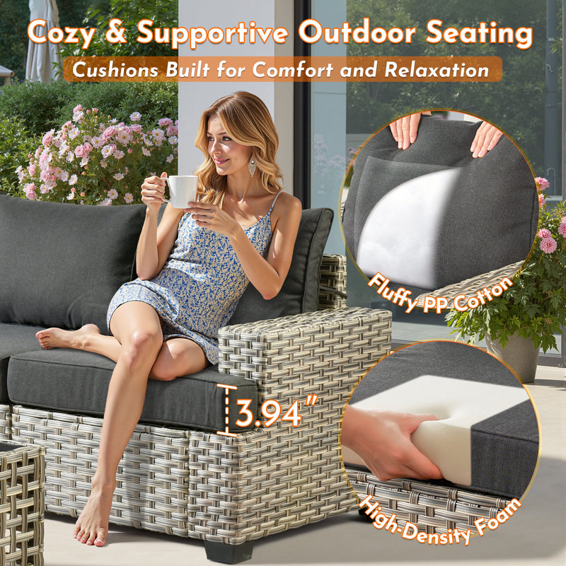 59" Wide Outdoor Wicker Loveseat With Cushions And Coffee Table, Modular Rattan Patio Sofa Set With Left & Right Arm Seats For Deck, Porch And Backyard