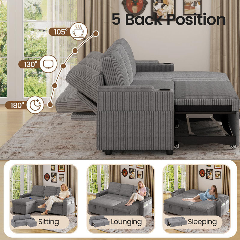 3 Seater Fabric Sofa & Chaise, Grey Fabric