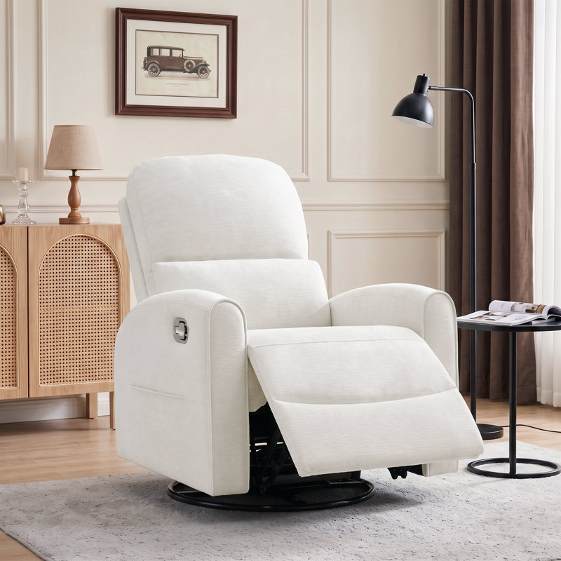 32" W Modern Swivel Rocker Glider Nursery Recliner with Adjustable Headrest and Lumbar Support, White Chenille