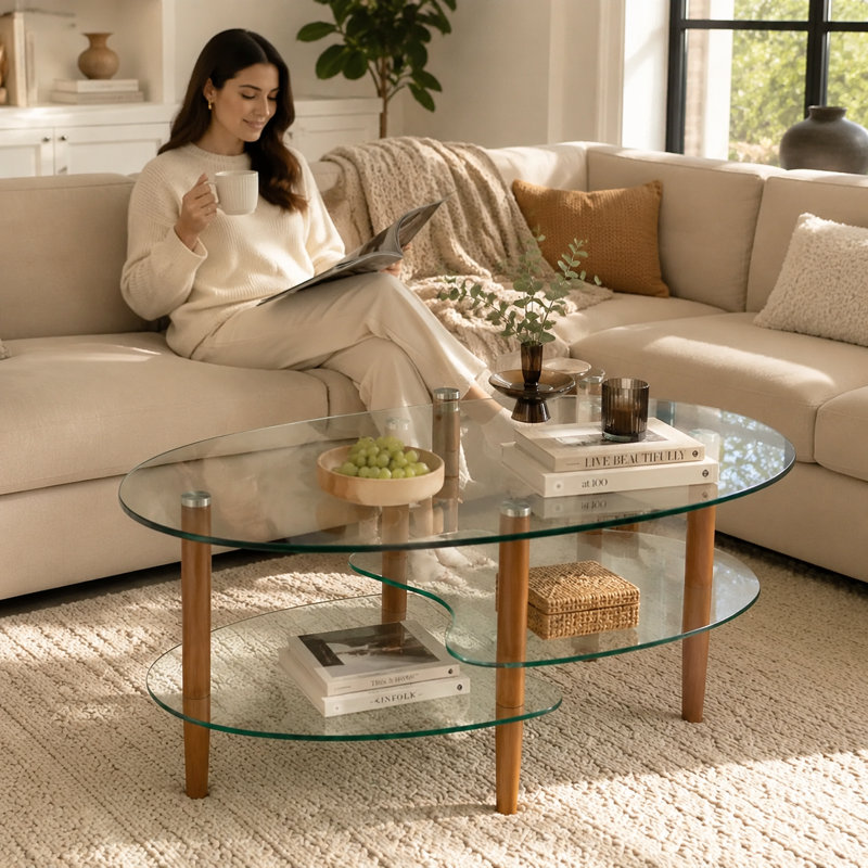Table basse moderne ovale avec plateau en verre trempé, tablettes de rangement et structure en métal, Transparent, Brun