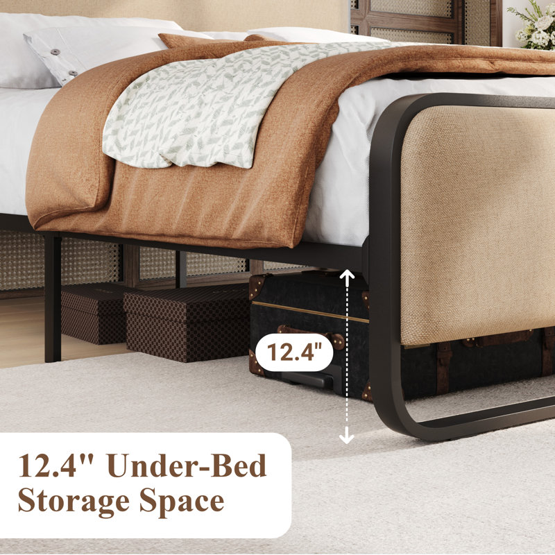 Platform Metal Bed Frame With Curved Upholstered Headboard, Full